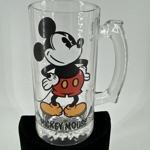 Walt Disney Mickey Mouse Clear Glass Beer Mug Cup w/Handle 5.5”T x 2.75”W VTG